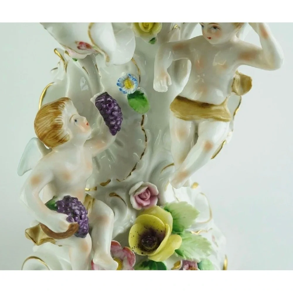 Vintage Porcelain Cherub Cornucopia Vase F-46 Rococo Floral Gold Trim 9in